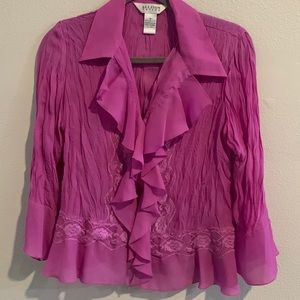 ✅BEAUTIFUL FUCHSIA LONG SLEEVE SEMI SHEER BUTTON BLOUSE W/LACE AND RUFFLE…